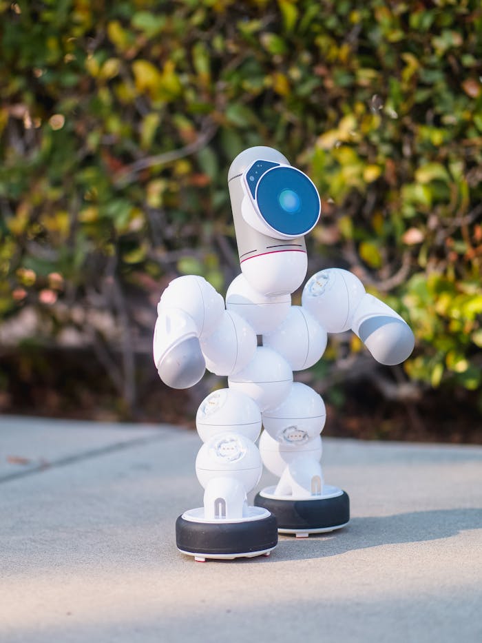 A Clicbot Standing on a Concrete Ground Near Green Plants